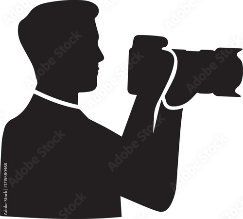 Man holding camera capturing image person photographer black and white silhouette vector illustration