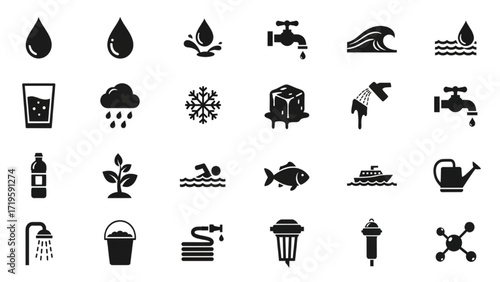 Black Silhouette 24 Water Icon Set – Drops, Waves, Glass, Bottle, Faucet, Ocean, Rain