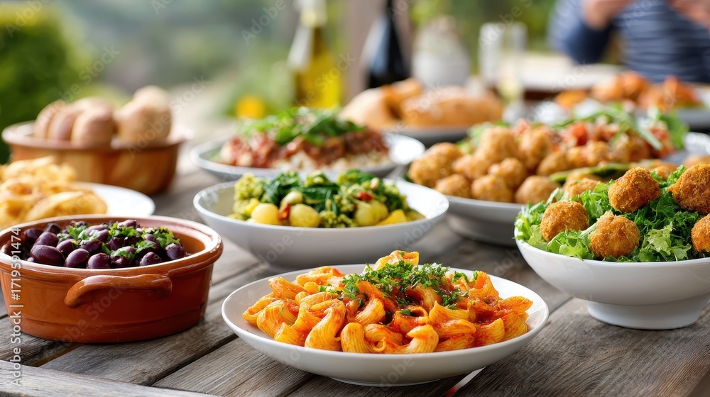 Fototapeta premium A vibrant outdoor dining scene featuring a variety of delicious dishes, including pasta, salads, and olives, perfect for a gathering or celebration.