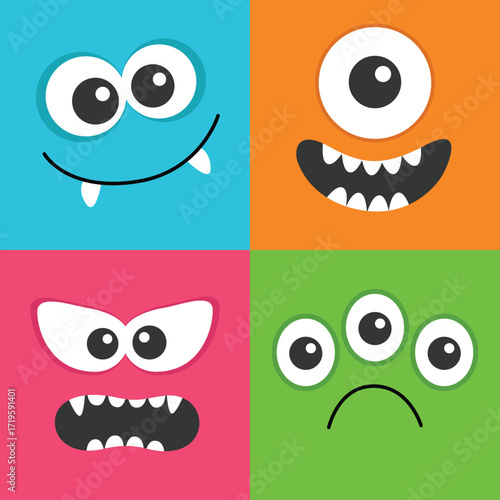 Cute monster face head set banner. Happy Halloween. Four square monsters. Spooky Smiling Boo screaming sad face emotion. Eyes, mouse, tongue, teeth fang, lips. Flat design. Baby kids background Vector