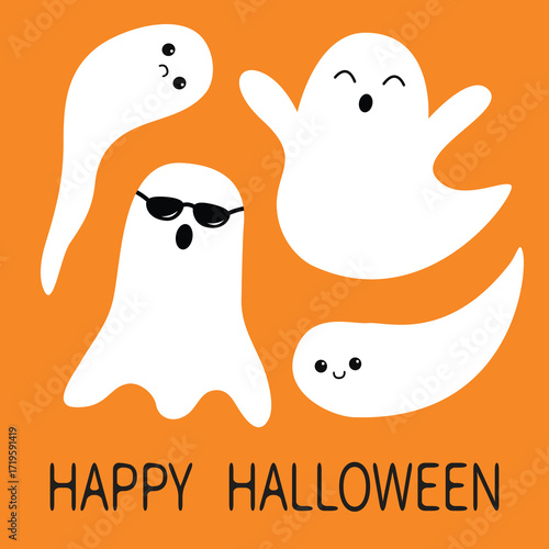 Flying ghost spirit set. Happy Halloween. Scary white ghosts family. Cute cartoon kawaii funny spooky character. Smiling face. Sunglasses glasses. Greeting card. Flat design. Orange background. Vector