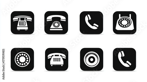 Flat vector illustration of phone icons including landline, smartphone, chat bubble, and call symbols for contact and communication on a clean white background