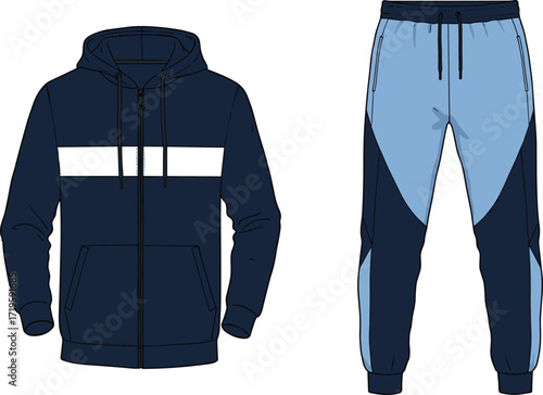 Dark blue hoodie with white stripe, light blue jogger pants, modern sportswear set, athletic fashion outfit, casual streetwear clothing, stylish activewear design, fitness apparel illustration