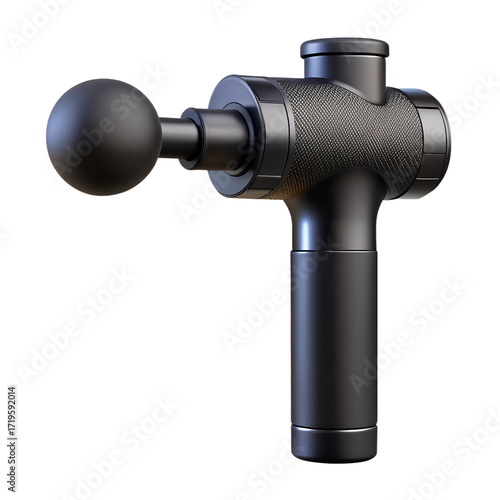 A black massage gun with a round head attachment, isolated on transparent background