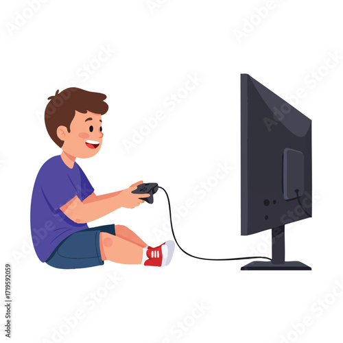 Flat 2D vector illustration features a happy young boy sitting on the floor, intensely focused on a video game displayed on a large TV screen, all against a clean white background.