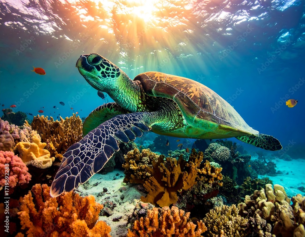 Fototapeta premium Sea turtle in vibrant coral reef