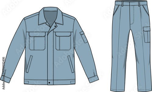 Technical fashion illustration, light blue jacket and pants set, garment design drawing, clothing template, workwear outfit, apparel flat sketch, detailed garment construction, vector style