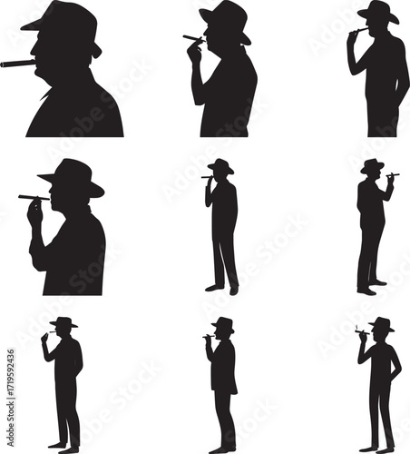 A collection of Man in hat smoking cigar silhouette vector, black and white silhouette vector illustration
