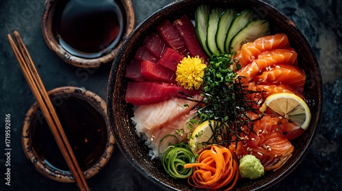 Overhead shot of a Chirashi Sushi bowl filled with fresh sashimi, vegetables, and rice, colorful garnishes, cinematic lighting, high detail