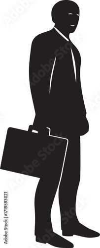 Man in suit holding briefcase standing silhouette vector, black and white silhouette vector illustration
