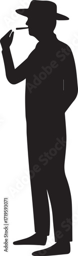 Man in hat smoking cigar silhouette vector, black and white silhouette vector illustration