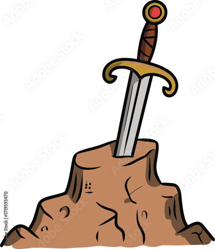 Excalibur sword stuck in the stone, cartoon drawing of mythical King Arthur's legend, ancient magic weapon in a rock, medieval fantasy symbol of power.