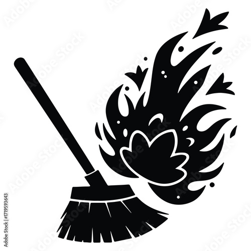 Silhouette of broom sweeping up dust and particles cleaning illustration