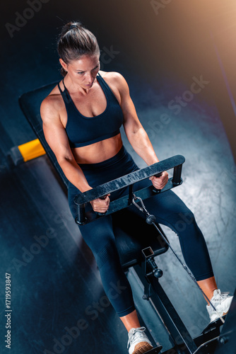 Using an exercising  machine in the gym, a woman builds back strength and endurance. This targeted workout enhances muscle tone and promotes confidence through effective resistance training.