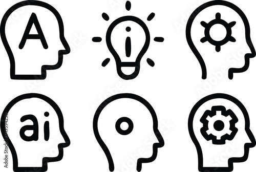 Artificial Intelligence and Machine Learning Icons Set Showcasing AI Concepts, Ideas, and Cognitive Processes in Human Minds
