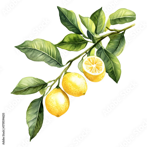 Lemon branch with leaves, watercolor hand painted citrus fruit illustration, fresh yellow botanical design for kitchen, card, packaging or food decor

