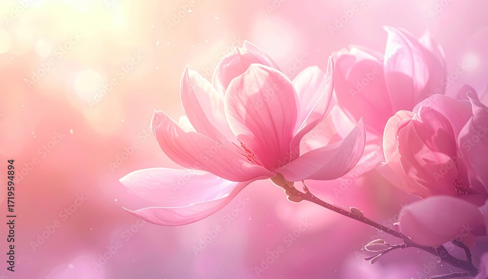 Naklejka premium Soft Pink Magnolia Blossom with Dreamy Bokeh Background
