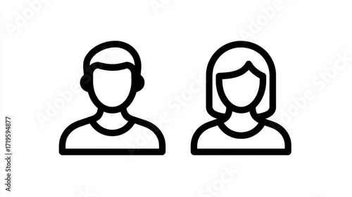 Two person icons in solid and outline styles, human profile symbols, user avatars for websites, apps, and social media design on white background, modern flat vector illustration