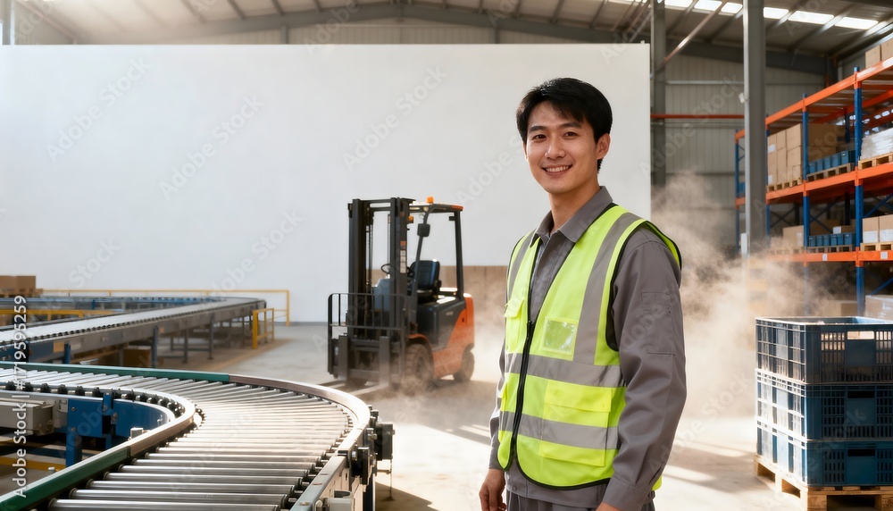Fototapeta premium World Post Day – Portrait of logistics employee in reflective vest by curved conveyor and forklift inside bright warehouse; uncluttered white background leaves room for copy.