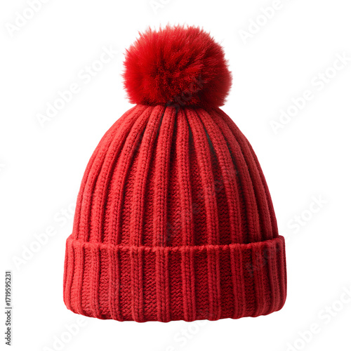 A vibrant red knitted beanie hat with a fluffy pompom on top, isolated on a transparent background, providing warmth and style for cold weather occasions