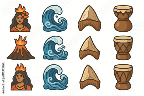 Island culture symbols: woman, volcano, waves, shark teeth, drums