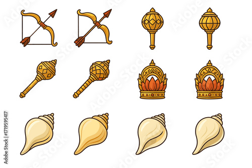Traditional indian symbols: bow, arrow, mace, crown, conch shell