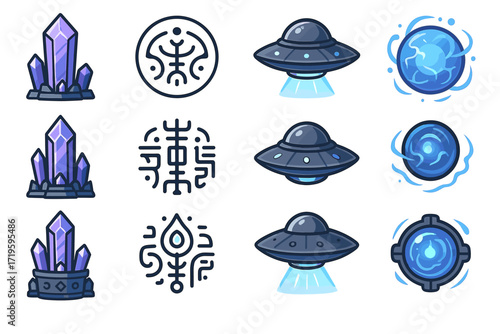Mystical crystals, alien ufos, and cosmic energy symbols icons set