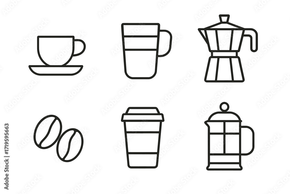 Obraz premium Minimalist coffee icons set featuring mugs, beans, and brewing devices