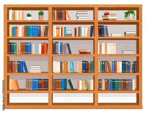 Large Wooden Bookshelf Filled with Books and Plants