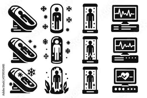 Cryogenic chamber and monitoring equipment symbols: temperature, health, preservation icons