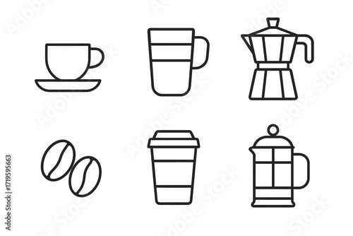 Minimalist coffee icons set featuring mugs, beans, and brewing devices