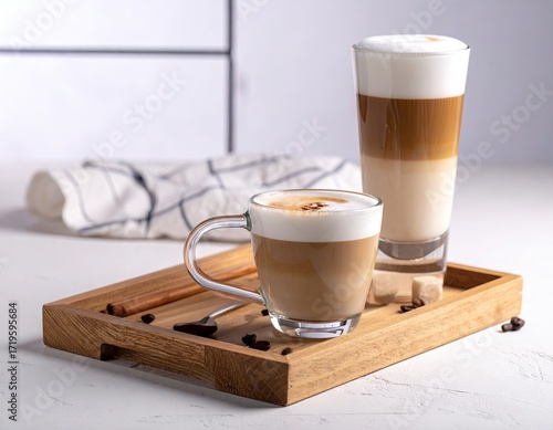 Latte and Macchiato on Wooden Tray