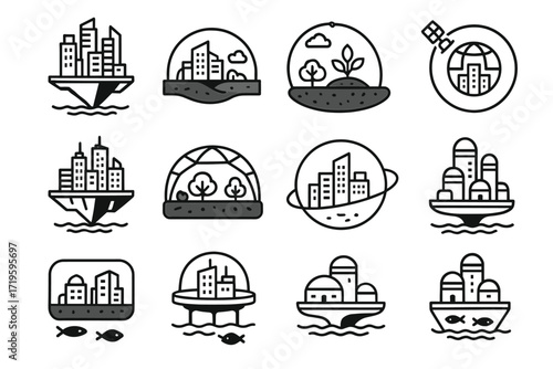 Futuristic cityscape icons with floating cities and eco domes
