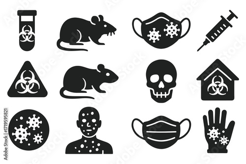 Virus and safety icons: masks, injection, biohazard symbols, contagion