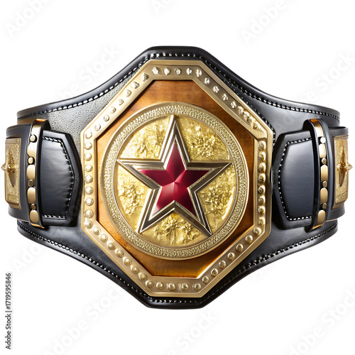 A championship wrestling belt with a prominent red star in the center, symbolizing victory, power, and athletic achievement in combat sports, isolated on transparent background