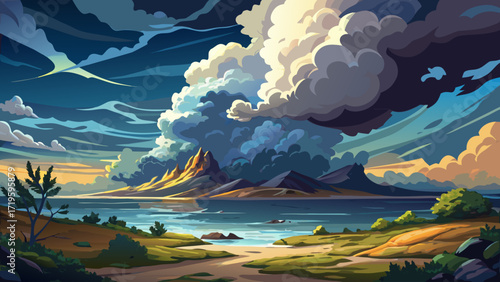 A panoramic photo of a storm cloud-filled cloudscape above the vast expanse of the sea reveals dramatic swirling skies, distant lightning flashes, rolling waves, and nature’s raw power in breathtaking