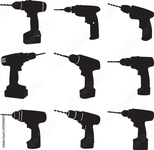 A collection of Black drill silhouette vector, black and white silhouette vector illustration
