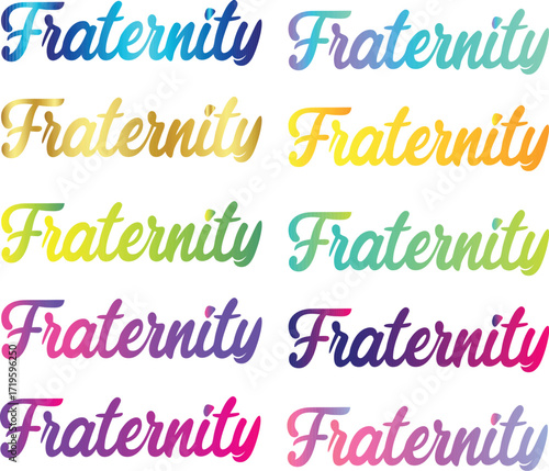 Fraternity typography isolated on white background with multiple color variations