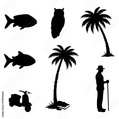 Collection of diverse black silhouettes fish, owl, palm trees, scooter, and a person with a cane