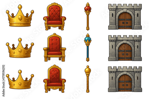 Icons of thrones, crowns, scepters, and castles - medieval themed graphics