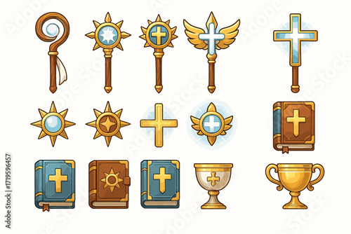 Fantasy game icons collection with religious artifacts and symbols