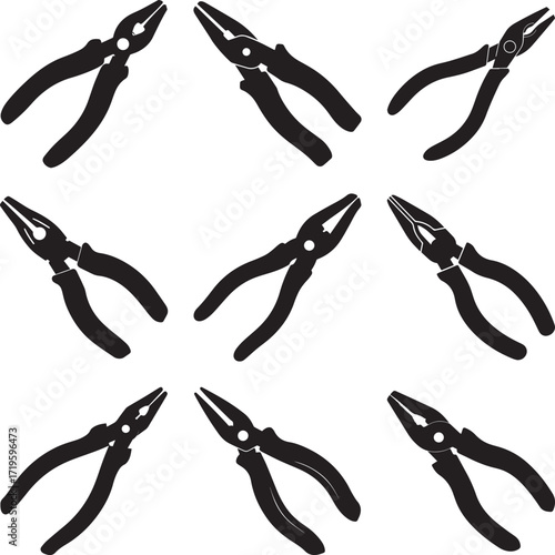 A collection of Black needle nose pliers tool gripping silhouette vector, black and white silhouette vector illustration
