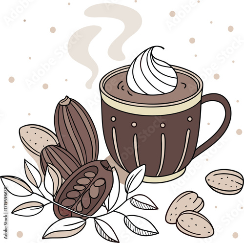 Illustration of a hot chocolate with cocoa beans and almonds around it