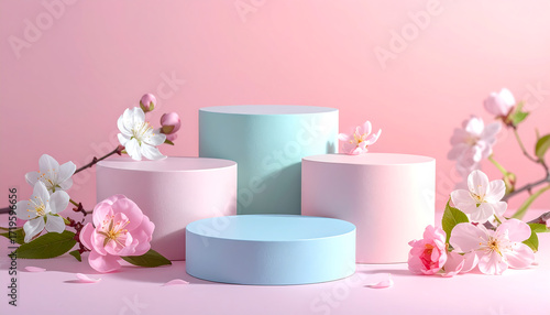 Three podiums arranged in pastel colors, surrounded by delicate blossoms. Product display podium design, perfect for presenting merchandise, cosmetics, electronics.