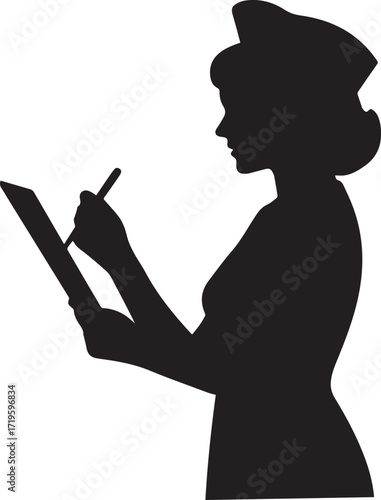 Nurse writing on clipboard healthcare silhouette vector, black and white silhouette vector illustration