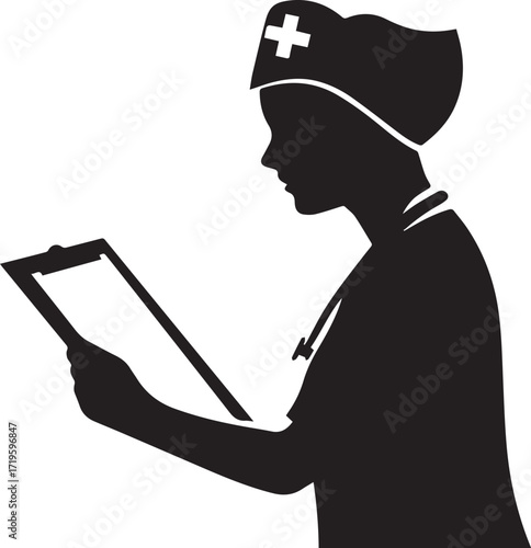 Nurse writing on clipboard healthcare silhouette vector, black and white silhouette vector illustration