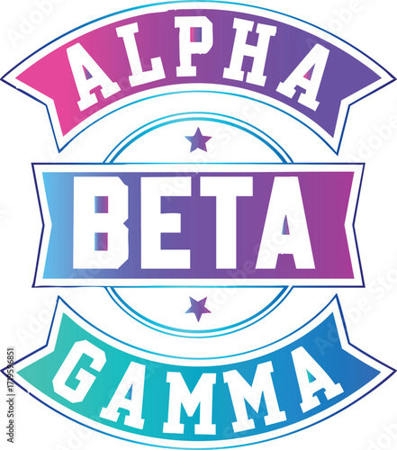 Alpha beta gamma logo with vibrant colors and stars isolated on white background