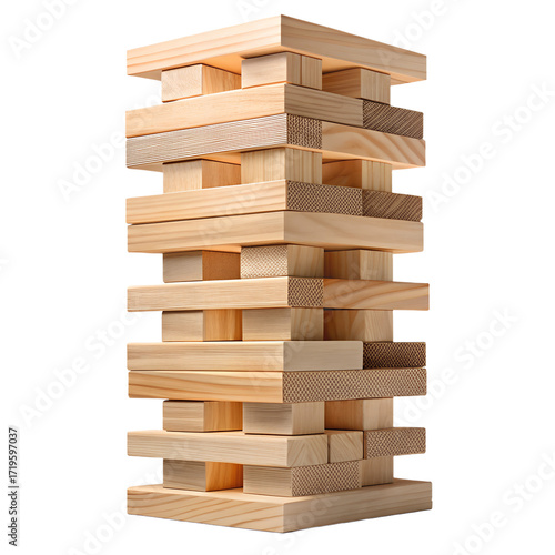 A tall tower of wooden jenga blocks, isolated on transparent background, representing a game of strategy and balance