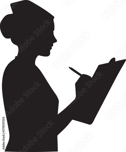 Nurse writing on clipboard healthcare silhouette vector, black and white silhouette vector illustration