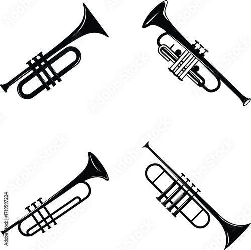 Trumpet vector icons set featuring four unique designs. Perfect for jazz, orchestra, music festival posters, band graphics, and creative projects. High-quality musical instrument illustration.